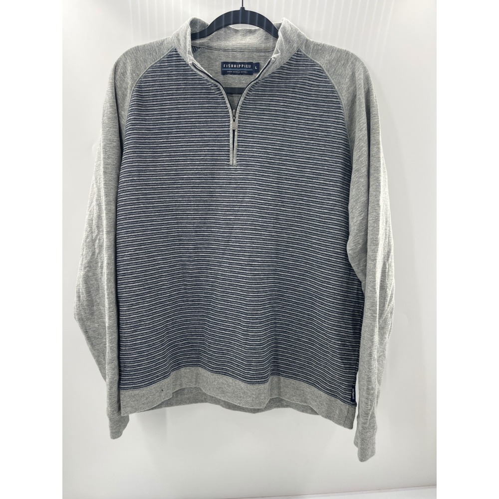 Fish Hippie Co Mens Large Quarter Zip Pullover Striped Grey Blue Sweater L